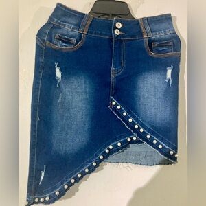 Size 12 Asymmetrical Skirt L Pearl Studs Distressed Denim Skirt Raw Hem Stretch